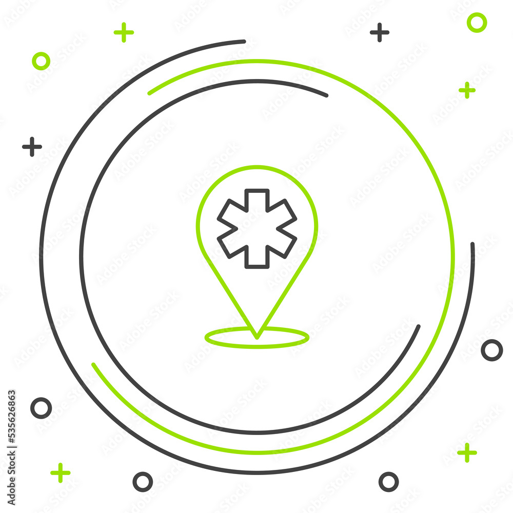 Line Medical map pointer with cross hospital icon isolated on white background. Colorful outline concept. Vector