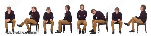 large group of same man various poses sitting on chair on white background