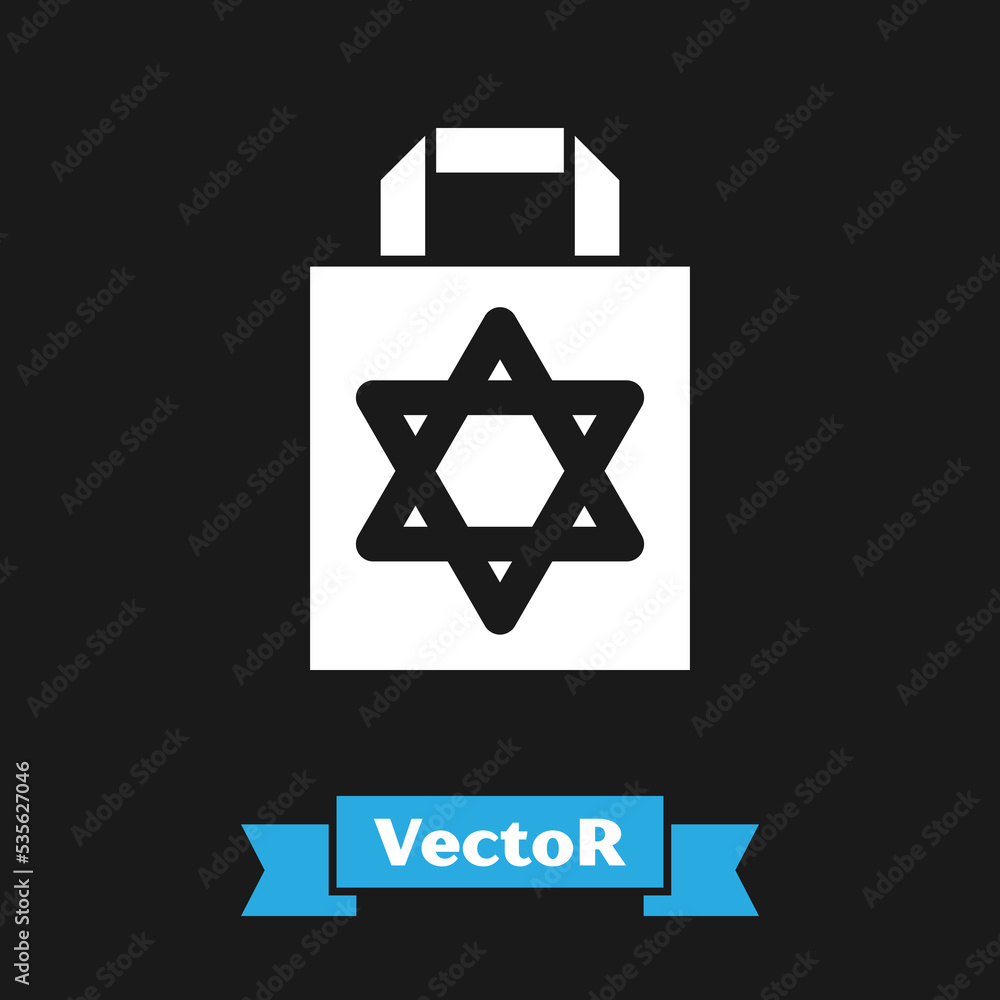 White Shopping bag with star of david icon isolated on black background. Package sign. Vector White Shopping bag with star of david icon isolated on black background. Package sign. Vector