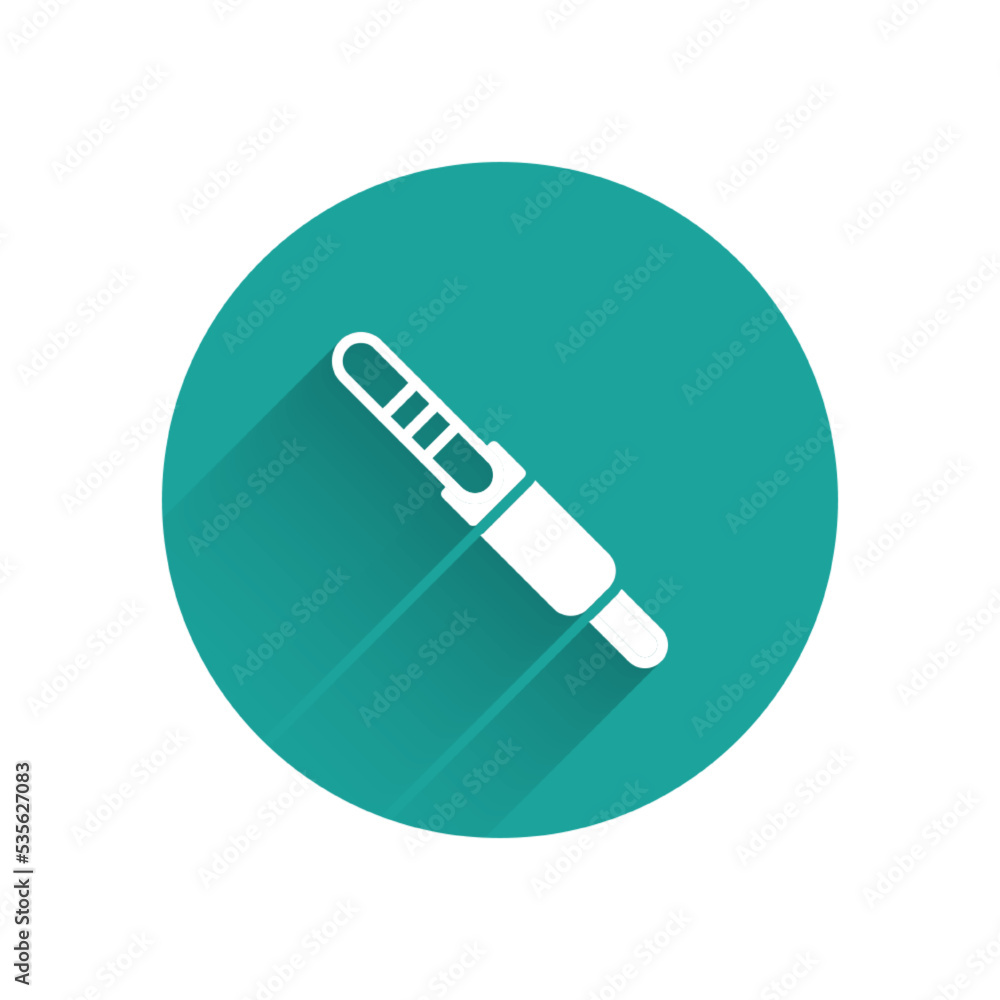 White Audio jack icon isolated with long shadow. Audio cable for connection sound equipment. Plug wire. Musical instrument. Green circle button. Vector White Audio jack icon isolated with long shadow. Audio cable for connection sound equipment. Plug wire. Musical instrument. Green circle button. Vector