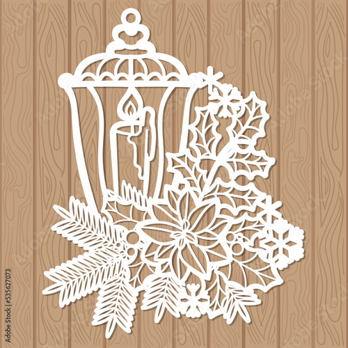 Christmas lantern with spruce branch and holly. Template for laser cutting from any materials. For the design of Christmas and New Year cards, decorations, decor elements. Vector