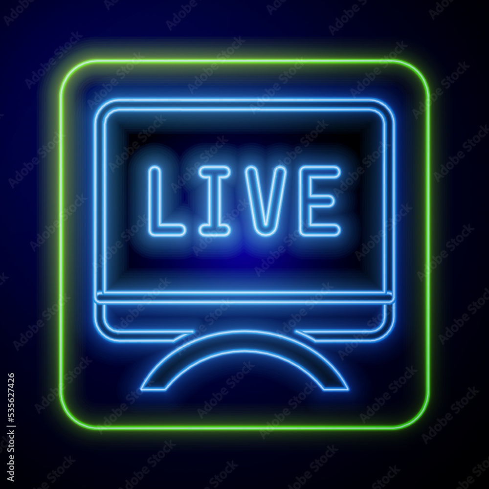 Glowing neon Live report icon isolated on blue background. Live news, hot news. Vector Glowing neon Live report icon isolated on blue background. Live news, hot news. Vector