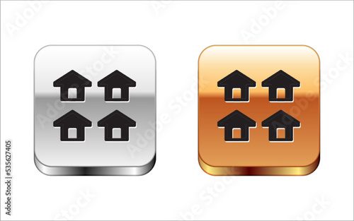 Black House icon isolated on white background. Real estate agency or cottage town elite class. Silver and gold square buttons. Vector