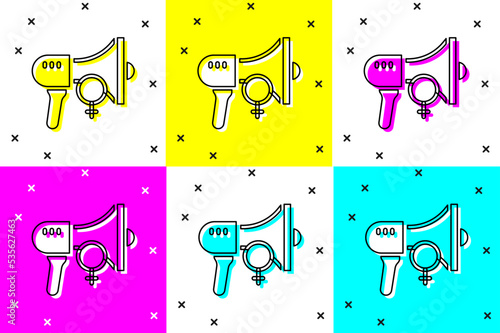 Set Female movement, feminist activist with banner and placards icon isolated on color background. Feminist rights movement, feminism sisterhood. Vector
