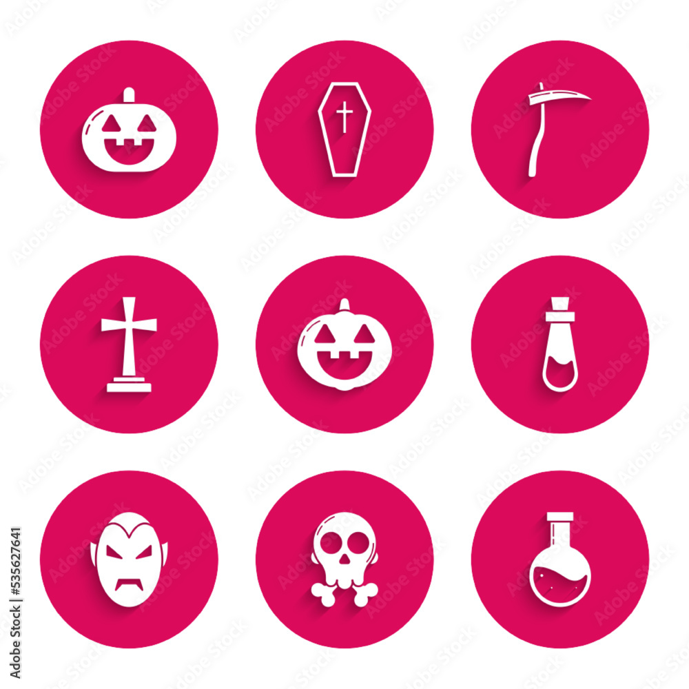 Set Pumpkin, Skull on crossbones, Bottle with potion, Vampire, Tombstone, Scythe and icon. Vector Set Pumpkin, Skull on crossbones, Bottle with potion, Vampire, Tombstone, Scythe and icon. Vector