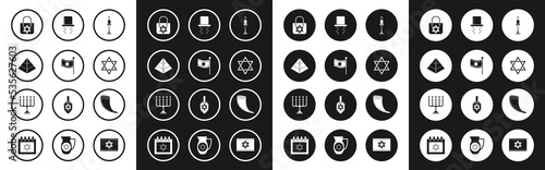 Set Burning candle in candlestick, Flag of Israel, Egypt pyramids, Shopping bag with star david, Star David, Orthodox jewish hat sidelocks, Traditional horn, shofar and Hanukkah menorah icon. Vector