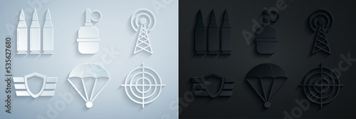 Set Parachute, Radar, Military reward medal, Target sport for shooting competition, Hand grenade and Bullet icon. Vector