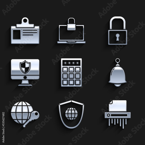 Set Password protection and safety access, Shield with world globe, Paper shredder confidential, Ringing bell, Globe key, Computer monitor shield, Lock and Identification badge icon. Vector