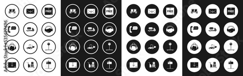 Set Cardboard box with free symbol, Post truck, Telephone speech bubble chat, Railway carriage, Support operator in touch, Envelope, Scale and icon. Vector