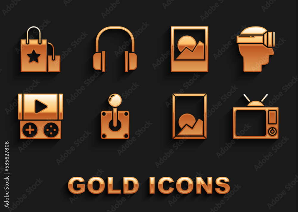 Set Joystick for arcade machine, Virtual reality glasses, Television, Picture landscape, Portable video game console, Photo frames, Paper shopping bag and Headphones icon. Vector Set Joystick for arcade machine, Virtual reality glasses, Television, Picture landscape, Portable video game console, Photo frames, Paper shopping bag and Headphones icon. Vector