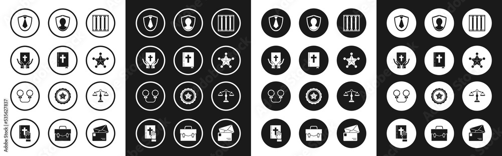 Set Prison window, Holy bible book, Oath the Bible, Tie, Hexagram sheriff, User protection, Scales of justice and Handcuffs icon. Vector