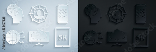 Set Computer monitor screen, Mobile and graphic password protection, Global technology social network, Tablet with text 5k, Project team base and Human brain digital circuit board icon. Vector