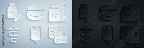 Set IV bag, Medicine bottle and pills, Caduceus snake medical symbol, Pills blister pack, or tablet and icon. Vector