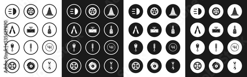 Set Traffic cone, Car mirror, battery jumper power cable, High beam, key with remote, wheel, Gear shifter and Engine piston icon. Vector