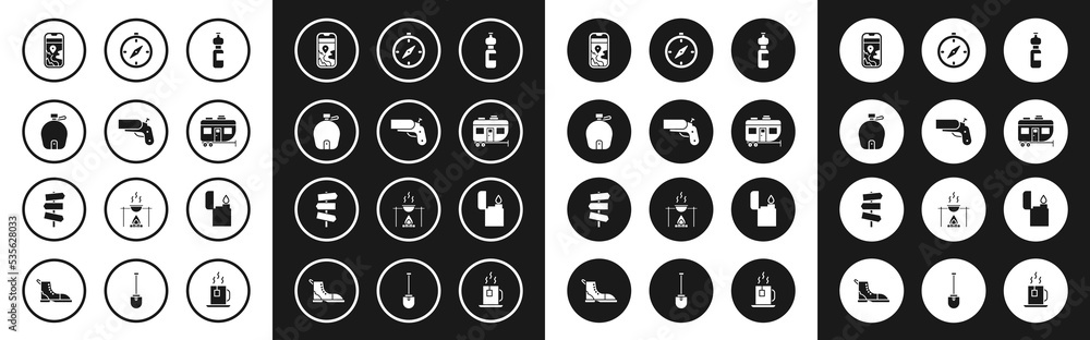 Set Bottle of water, Flare gun pistol, Canteen bottle, City map navigation, Rv Camping trailer, Compass, Lighter and Road traffic signpost icon. Vector
