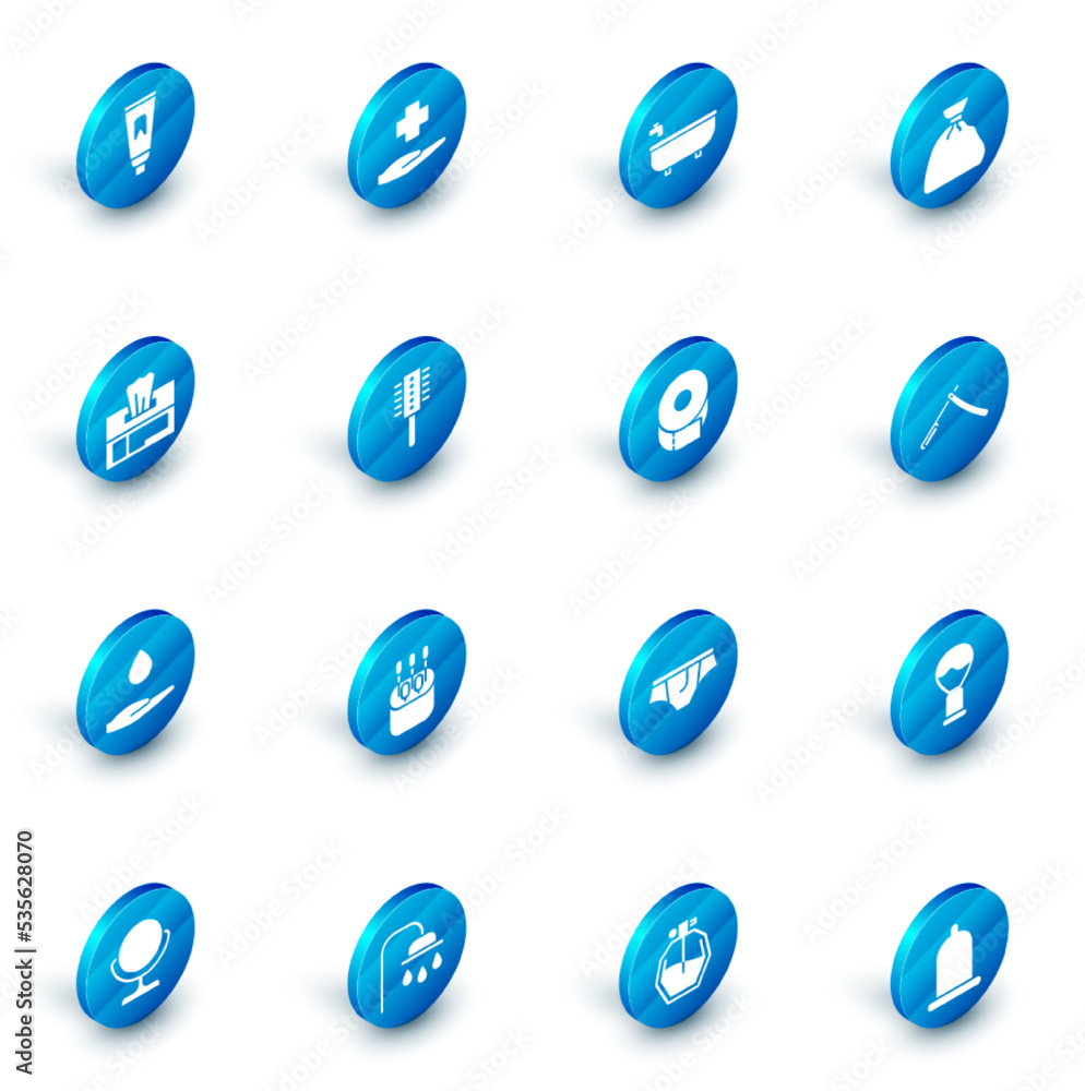 Set Cross hospital medical, Bathtub, Garbage bag, Wet wipe pack, Washing hands with soap, Hairbrush, Straight razor and Toilet paper roll icon. Vector Set Cross hospital medical, Bathtub, Garbage bag, Wet wipe pack, Washing hands with soap, Hairbrush, Straight razor and Toilet paper roll icon. Vector