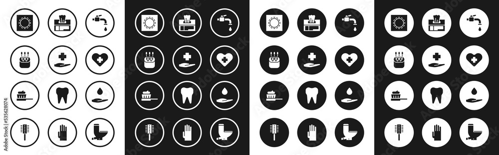 Set Water tap, Cross hospital medical, Cotton swab for ears, Condom in package safe sex, Heart with cross, Wet wipe, Washing hands soap and Toothbrush toothpaste icon. Vector