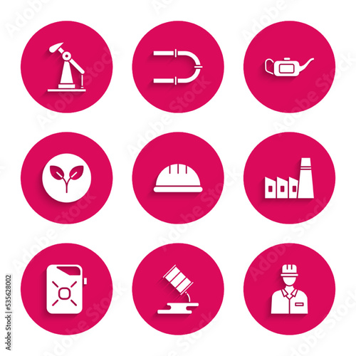 Set Worker safety helmet, Barrel oil leak, Oilman, industrial factory building, Canister for motor, Bio fuel, and pump pump jack icon. Vector