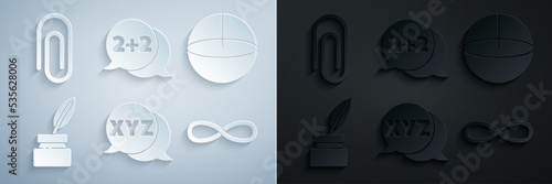 Set XYZ Coordinate system, Geometric figure Sphere, Feather and inkwell, Infinity, Equation solution and Paper clip icon. Vector