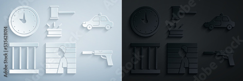Set Suspect criminal, Police car and flasher, Prison window, Pistol or gun with silencer, Judge gavel and Clock icon. Vector