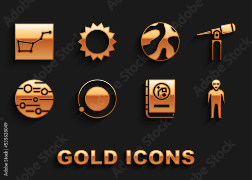 Set Satellites orbiting the planet Earth, Telescope, Alien, Book by astronomy, Planet Mars, Great Bear constellation and Sun icon. Vector