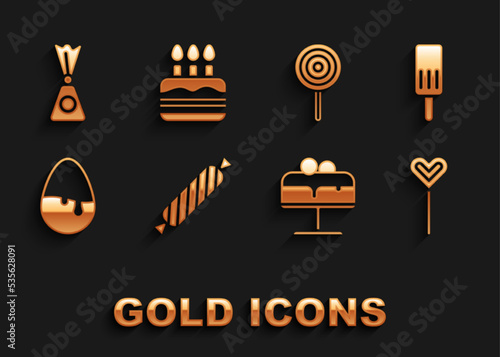 Set Candy, Ice cream, Lollipop, Cake on plate, Chocolate egg, and with burning candles icon. Vector