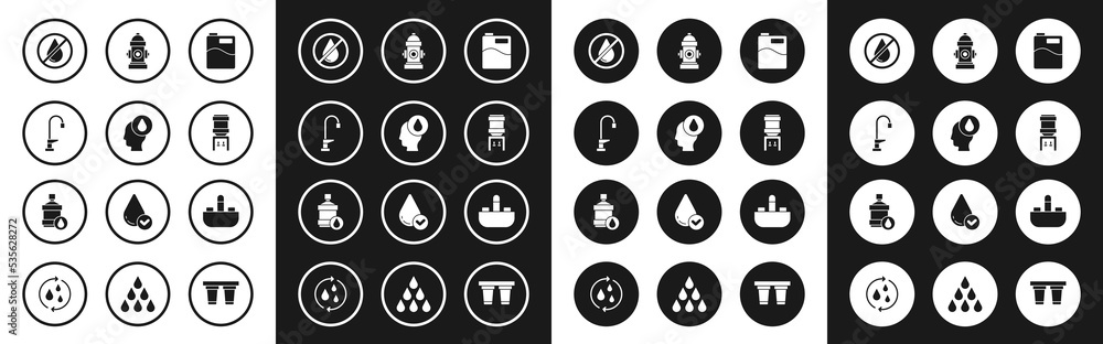 Set Big bottle with clean water, Water drop, tap, forbidden, cooler, Fire hydrant, Washbasin and icon. Vector Set Big bottle with clean water, Water drop, tap, forbidden, cooler, Fire hydrant, Washbasin and icon. Vector