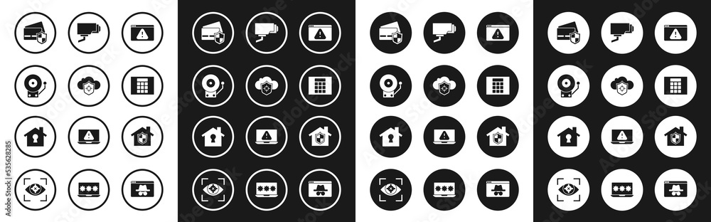 Set Browser with exclamation mark, Cloud and shield, Ringing alarm bell, Credit card, Password protection, Security camera, House under and icon. Vector