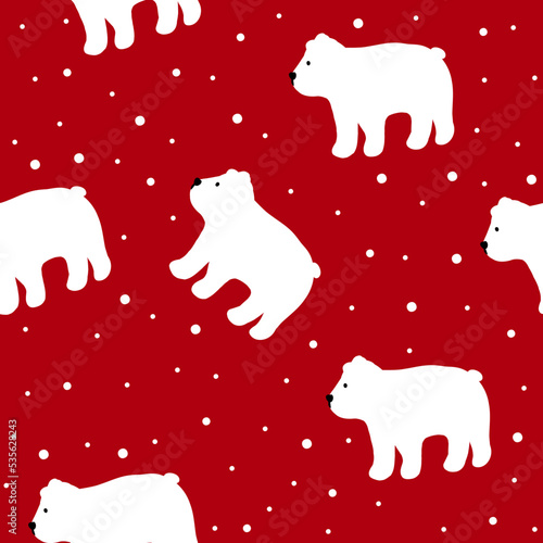 Happy new year and Christmas celebration seamless pattern with white polar bear and snow on red background,bright print for wallpaper,cover design,packaging,holiday decor,baby illustration.