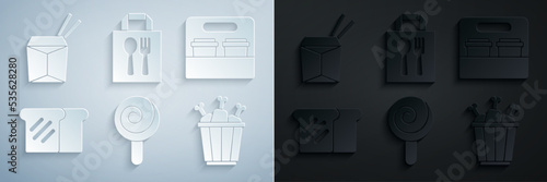 Set Lollipop, Coffee cup to go, Bread toast, Chicken leg in package box, Online ordering and delivery and Asian noodles chopsticks icon. Vector