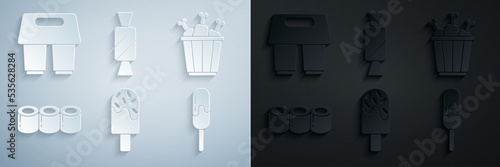 Set Ice cream, Chicken leg in package box, Sushi, Candy and Coffee cup to go icon. Vector
