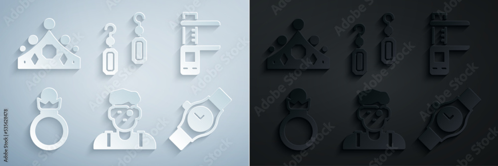 Set Jeweler man, Calliper or caliper and scale, Diamond engagement ring, Wrist watch, Earrings and King crown icon. Vector Set Jeweler man, Calliper or caliper and scale, Diamond engagement ring, Wrist watch, Earrings and King crown icon. Vector