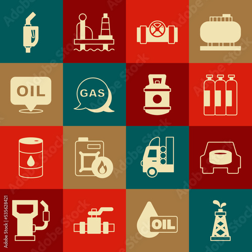 Set Oil rig, Spare wheel in the car, Industrial gas cylinder tank, Metallic pipes and valve, Location station, Word oil, Gasoline pump nozzle and Propane icon. Vector