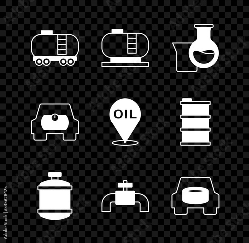 Set Oil railway cistern, tank storage, petrol test tube, Propane gas, Metallic pipes and valve, Spare wheel in the car, Gas for vehicle and Refill fuel location icon. Vector