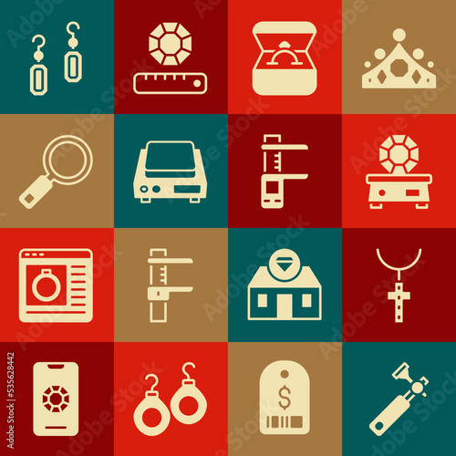 Set Jewelers lupe, Christian cross on chain, Gem stone, Diamond engagement ring box, Electronic jewelry scales, Magnifying glass, Earrings and Calliper or caliper and icon. Vector