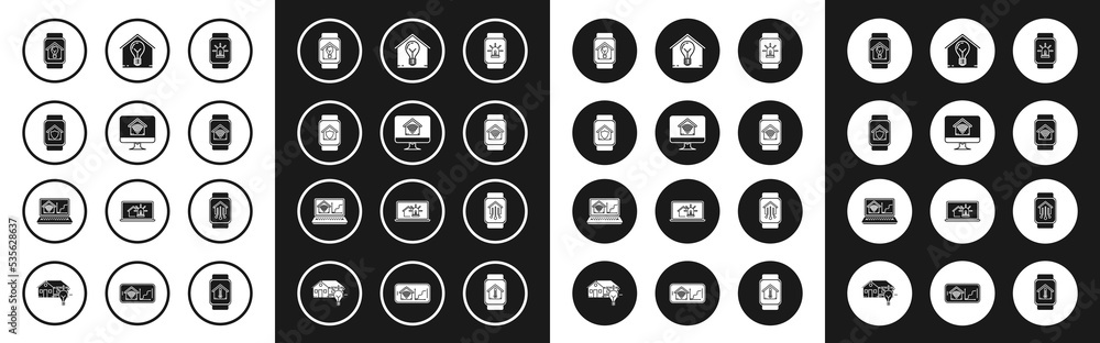 Set Smart watch with smart house and alarm, Computer monitor home wi-fi, under protection, light bulb, and Laptop icon. Vector Set Smart watch with smart house and alarm, Computer monitor home wi-fi, under protection, light bulb, and Laptop icon. Vector