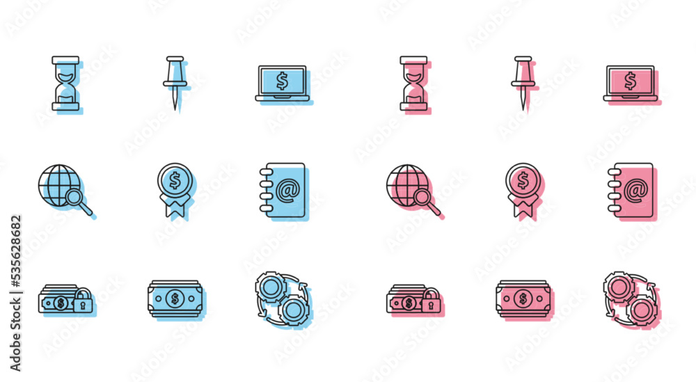 Set line Money with lock, Stacks paper money cash, Old hourglass flowing sand, Gear arrows workflow process concept, Reward for good, Address book, Magnifying globe and Push pin icon. Vector Set line Money with lock, Stacks paper money cash, Old hourglass flowing sand, Gear arrows workflow process concept, Reward for good, Address book, Magnifying globe and Push pin icon. Vector