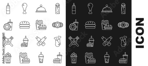 Set line Paper glass with drinking straw and burger, Chicken leg, Donut sweet glaze, Covered tray of food, Burger, donut, Sauce bottle and french fries carton package box icon. Vector