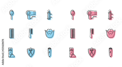 Set line Shaving gel foam, Scissors hairdresser and shield, Hand mirror, Electrical clipper shaver, Hairbrush, Mustache beard, and dryer icon. Vector