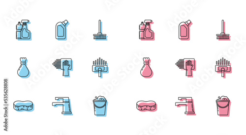 Set line Sponge, Water tap, Plastic bottles for liquid dishwashing liquid, Bucket with foam and bubbles, Cleaning service, Vacuum cleaner, Garbage bag and icon. Vector