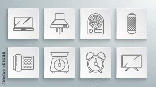 Set line Telephone, Kitchen extractor fan, Scales, Alarm clock, Smart Tv, Electric heater, Stereo speaker and Laptop icon. Vector