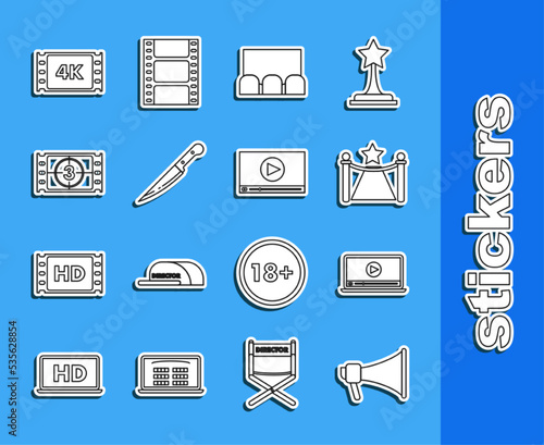 Set line Megaphone, Online play video, Carpet with barriers and star, Knife, Play Video, 4k movie, tape, frame and icon. Vector