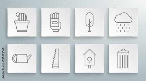 Set line Watering can, Garden gloves, saw, Retro wall watch, Trash, Tree, Cloud with rain and Cactus and succulent pot icon. Vector