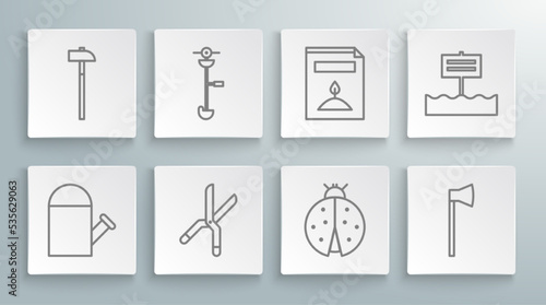 Set line Watering can, Grass and weed electric string trimmer, Gardening handmade scissors, Ladybug, Wooden axe, A pack full of seeds of specific plant, Blank wooden sign board and Hammer icon. Vector