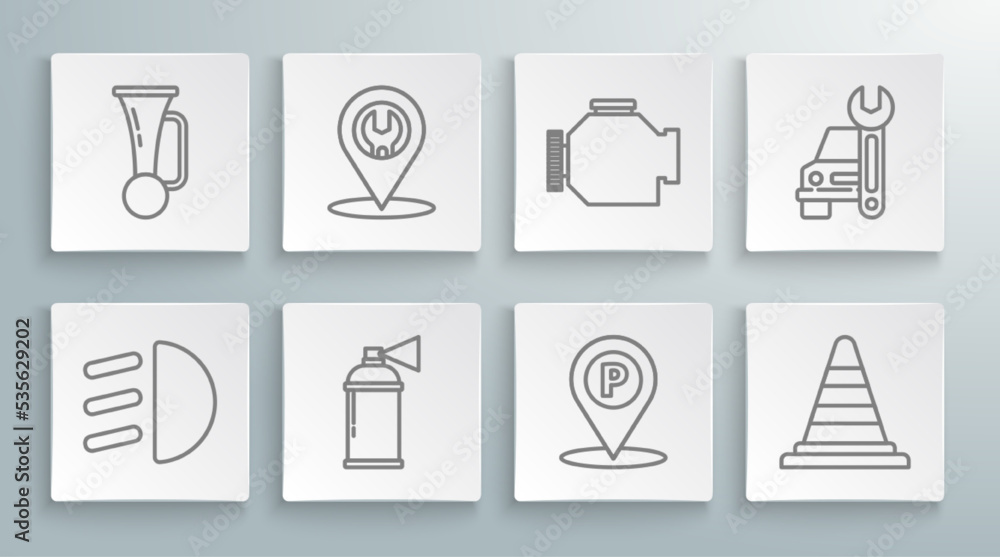 Set line High beam, Car service, Paint spray can, Location with parking, Traffic cone, Check engine, and Signal horn vehicle icon. Vector Set line High beam, Car service, Paint spray can, Location with parking, Traffic cone, Check engine, and Signal horn vehicle icon. Vector