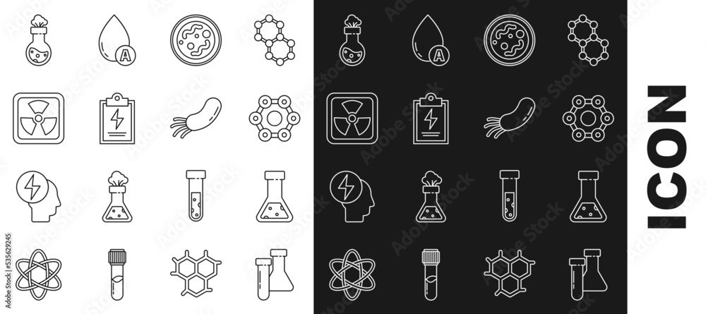 Set line Test tube and flask chemical, Chemical formula, Bacteria, Laboratory clipboard with checklist, Radioactive, and icon. Vector Set line Test tube and flask chemical, Chemical formula, Bacteria, Laboratory clipboard with checklist, Radioactive, and icon. Vector