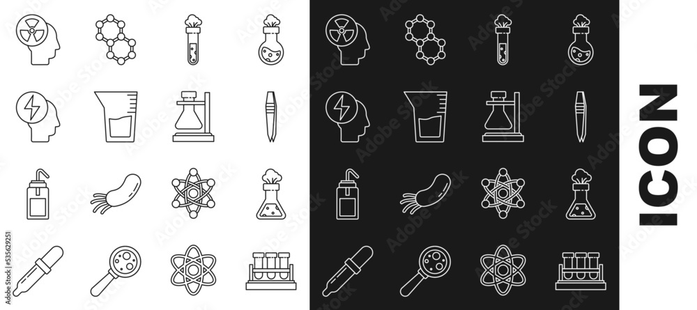 Set line Test tube and flask chemical, Tweezers, Laboratory glassware or beaker, Head electric symbol, Human head radiation and stand icon. Vector