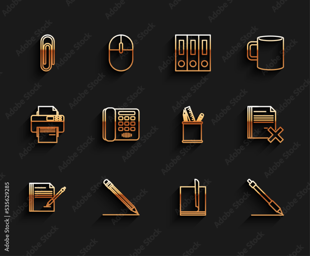 Set line Blank notebook and pen, Pencil with eraser line, Paper clip, File document, Telephone, Delete file and case stationery icon. Vector Set line Blank notebook and pen, Pencil with eraser line, Paper clip, File document, Telephone, Delete file and case stationery icon. Vector