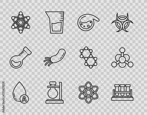 Set line Water drop, Test tube and flask chemical, on stand, Atom, Bacteria, and icon. Vector