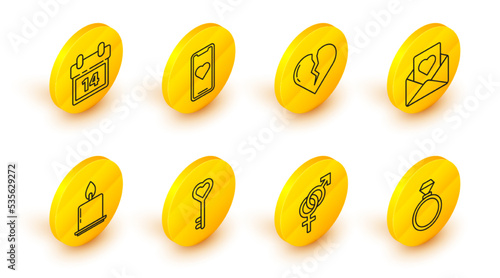 Set line Wedding rings, Gender, Key heart shape, Burning candle, Envelope with, Broken or divorce, Mobile phone and Calendar February 14 icon. Vector